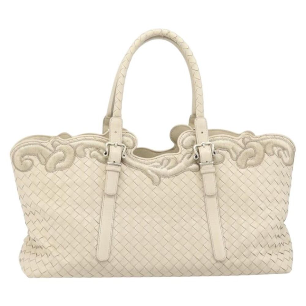 Bottega Veneta Belted Cabas Tote Intrecciato Nappa With Stitched Detail White